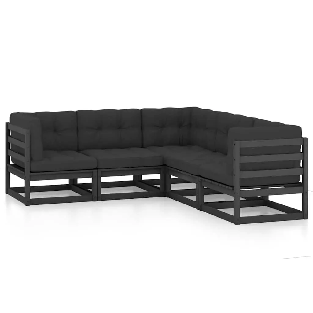5 Piece Garden Furniture Set Black Cushioned Solid Pinewood Outdoor Lounge