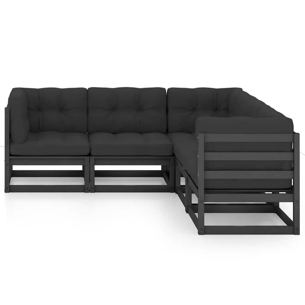 5 Piece Garden Furniture Set Black Cushioned Solid Pinewood Outdoor Lounge