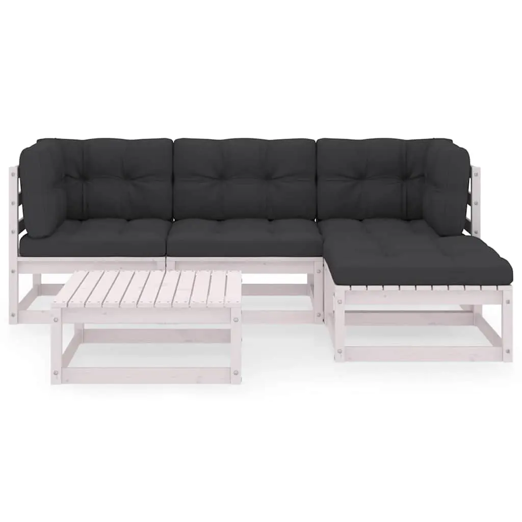 Garden Lounge Set Solid Pinewood 5 Piece Outdoor Furniture with Cushions White