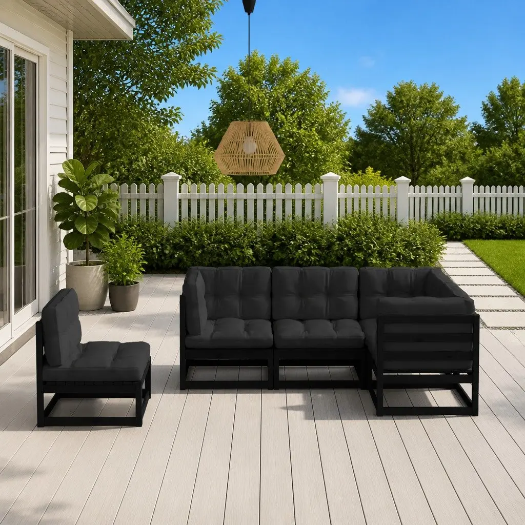 Modular Garden Lounge Set 5 Piece Black Cushions Solid Pinewood Outdoor Furniture