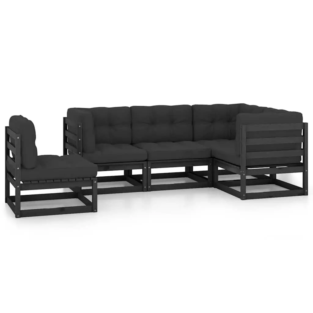 Modular Garden Lounge Set 5 Piece Black Cushions Solid Pinewood Outdoor Furniture