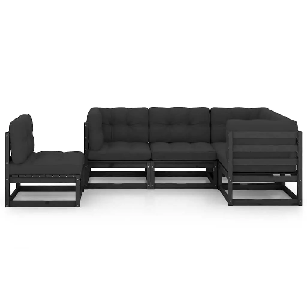 Modular Garden Lounge Set 5 Piece Black Cushions Solid Pinewood Outdoor Furniture