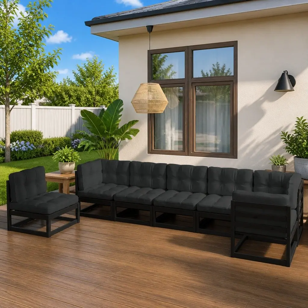 Garden Lounge Set Solid Pinewood 7 Piece Modular Outdoor Furniture with Cushions Black