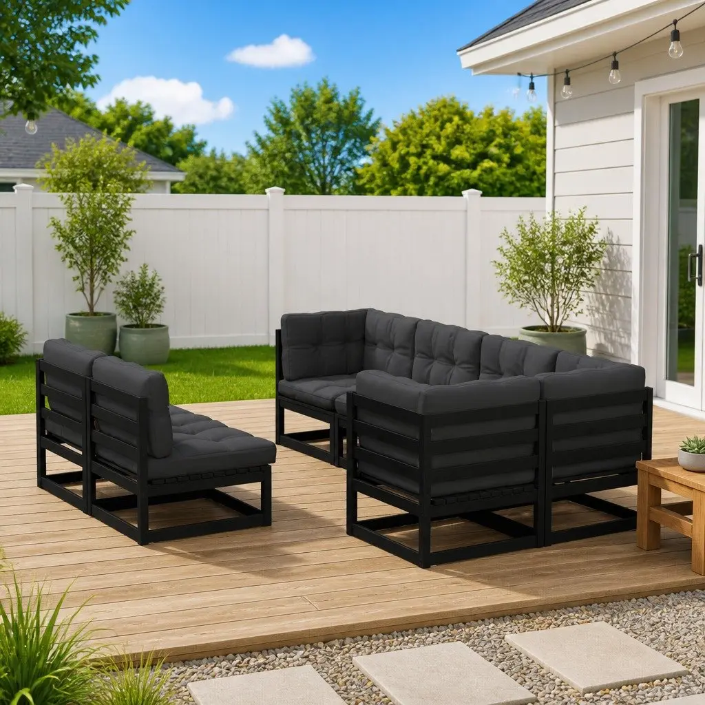 7 Piece Modular Garden Lounge Set Black Solid Pinewood with Cushions