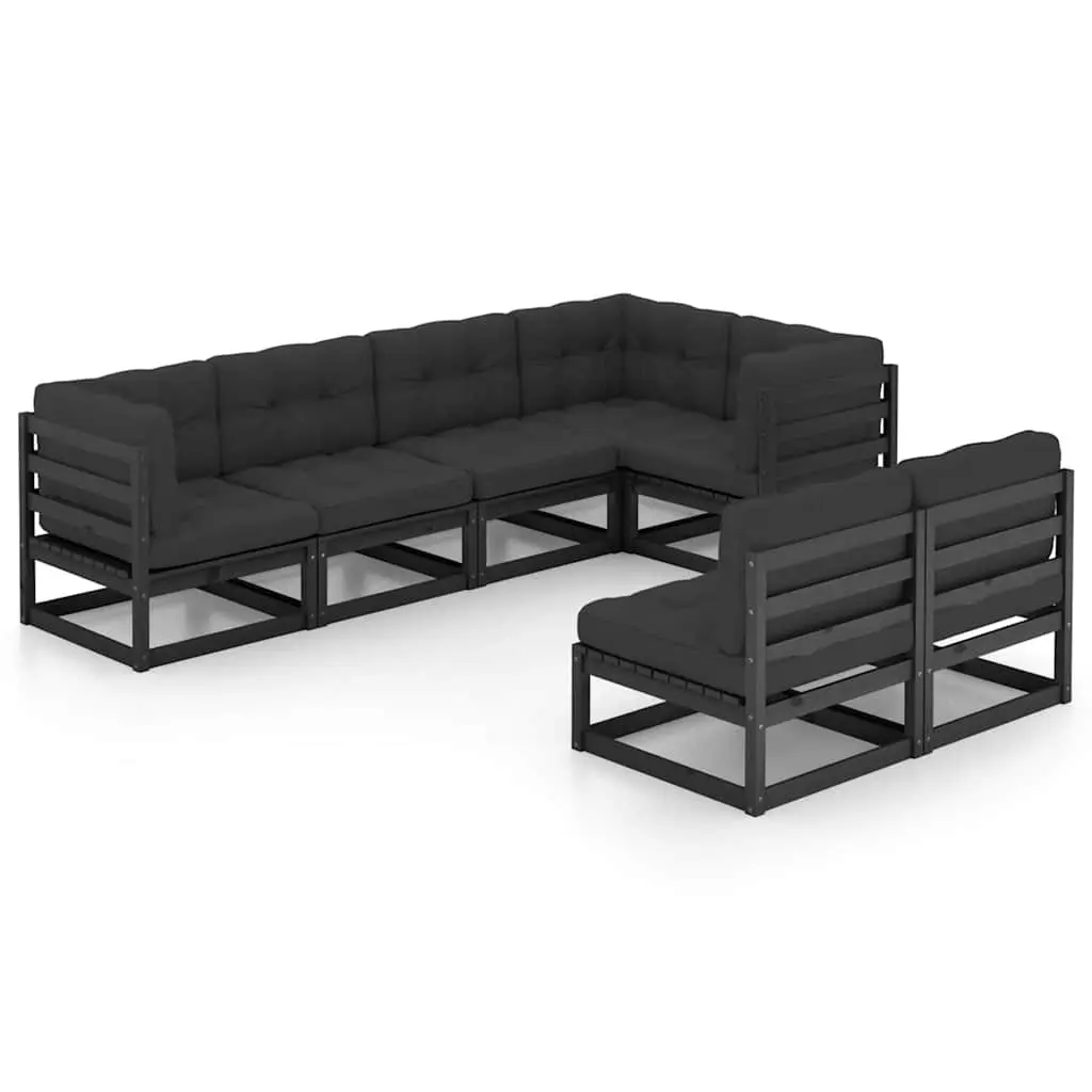 7 Piece Modular Garden Lounge Set Black Solid Pinewood with Cushions