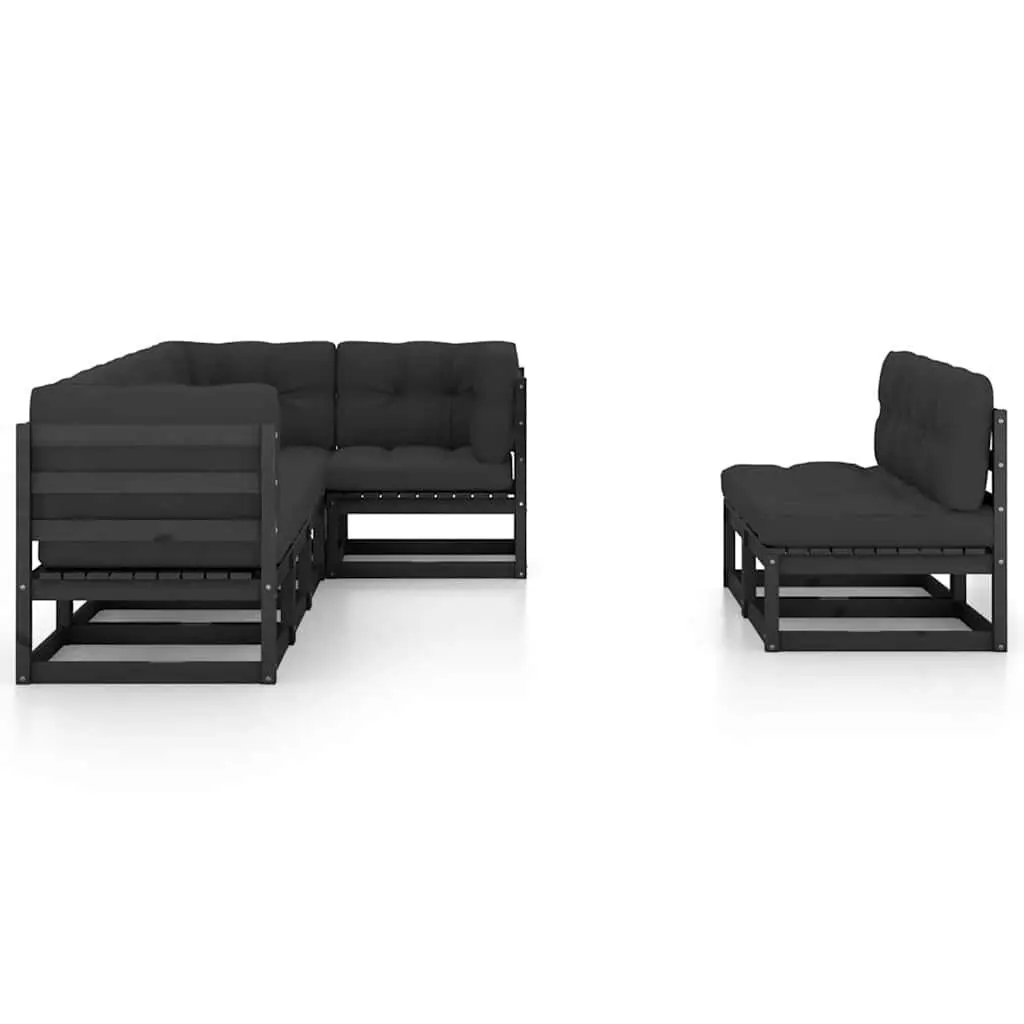 7 Piece Modular Garden Lounge Set Black Solid Pinewood with Cushions