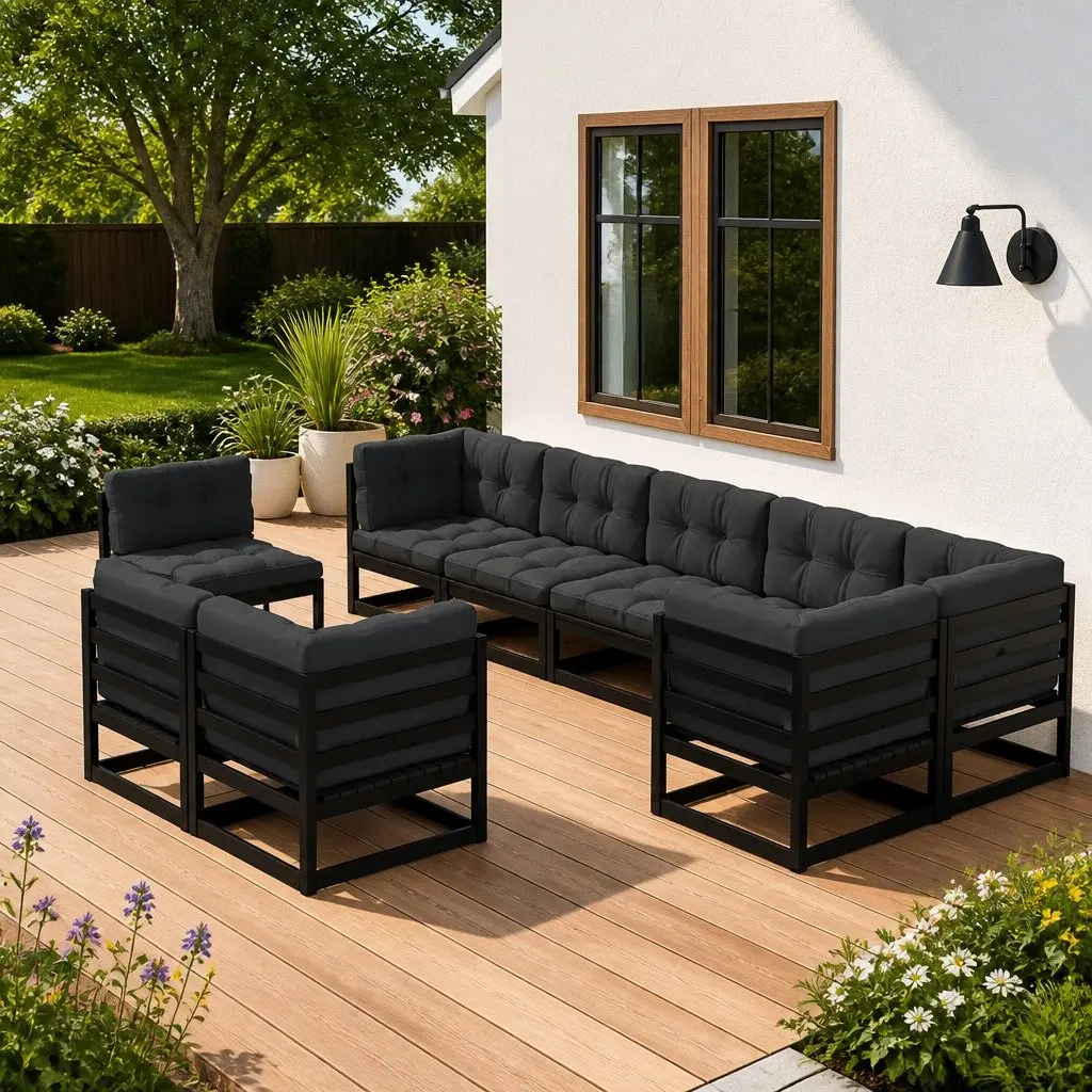 Garden Lounge Set Solid Pinewood 9 Piece Outdoor Furniture with Cushions Black