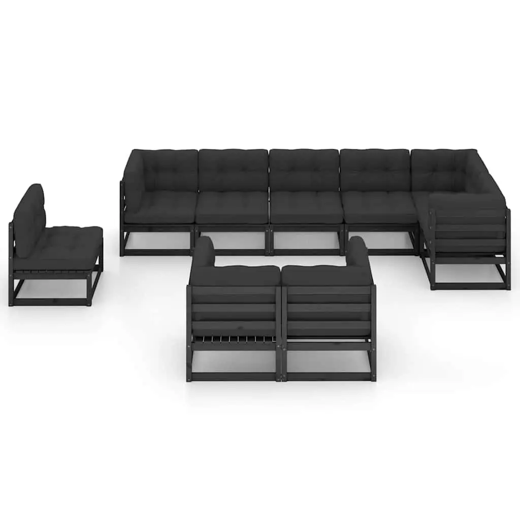 Garden Lounge Set Solid Pinewood 9 Piece Outdoor Furniture with Cushions Black