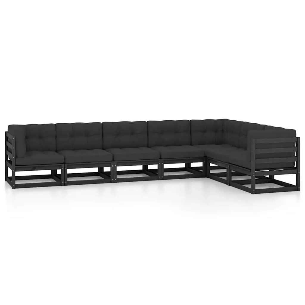 7PieceLoungeSetGardenFurnitureBlackSolidPinewoodCushionsRusticStyle