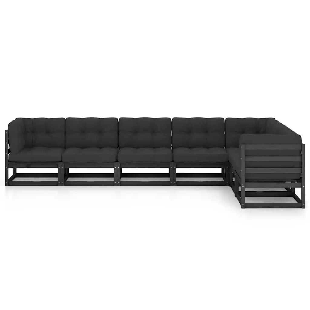 7PieceLoungeSetGardenFurnitureBlackSolidPinewoodCushionsRusticStyle