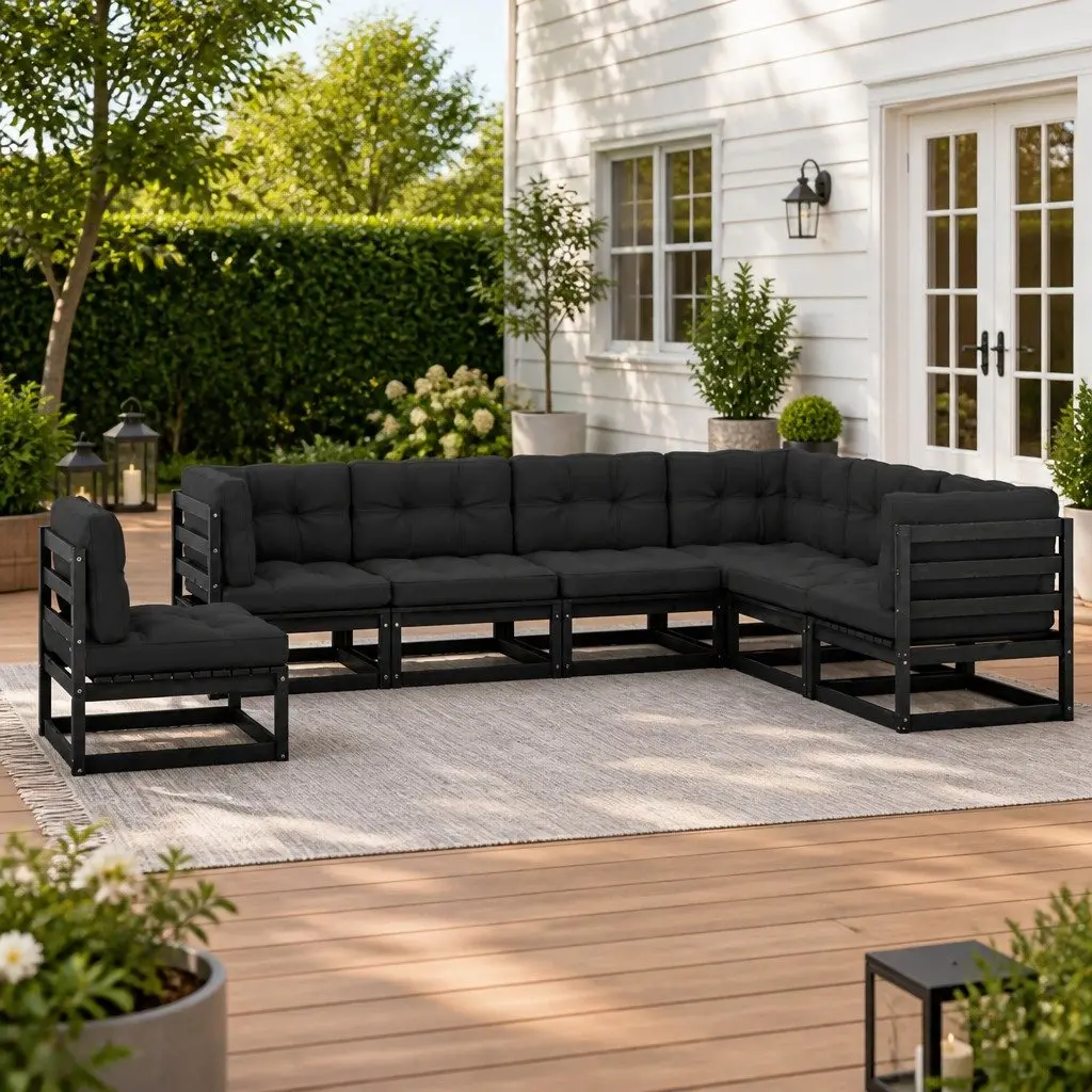 7 Piece Garden Lounge Set Black Solid Pinewood with Cushions Outdoor Furniture