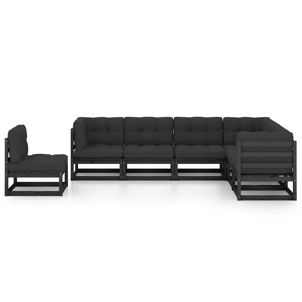 7 Piece Garden Lounge Set Black Solid Pinewood with Cushions Outdoor Furniture