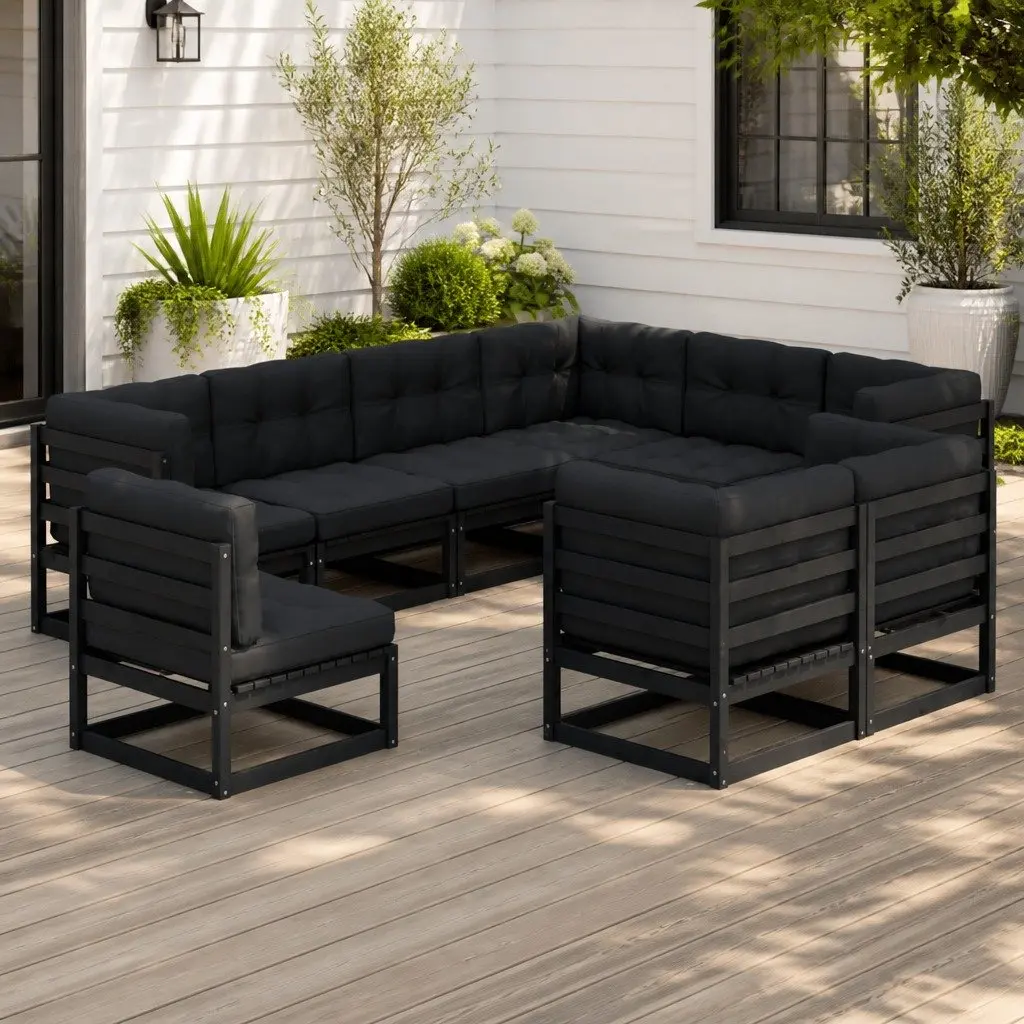 Garden Lounge Set 9 Piece Outdoor Furniture with Cushions Black Pinewood Sofa