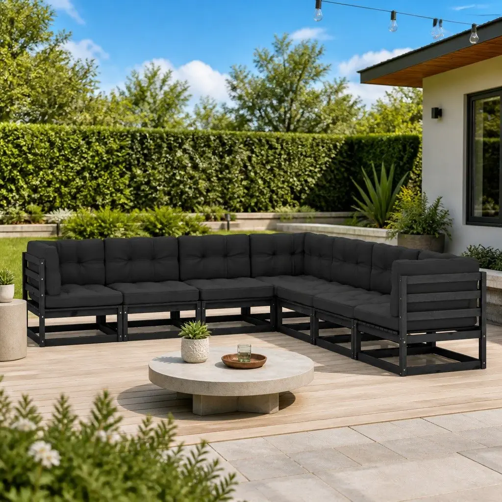 7 Piece Garden Lounge Set Solid Pinewood Black with Cushions Outdoor Furniture