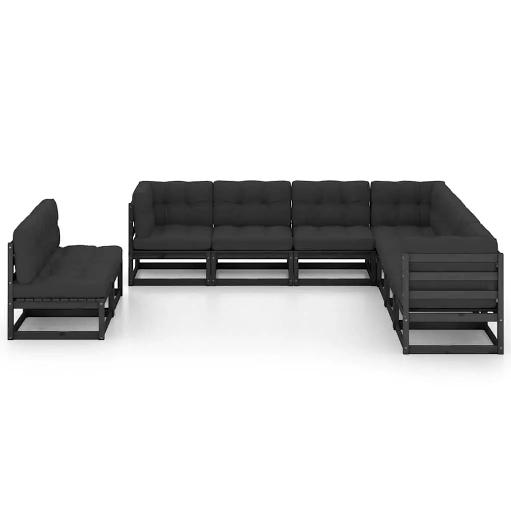 9PieceOutdoorLoungeSetBlackSolidPinewoodCushionsSturdyDesign