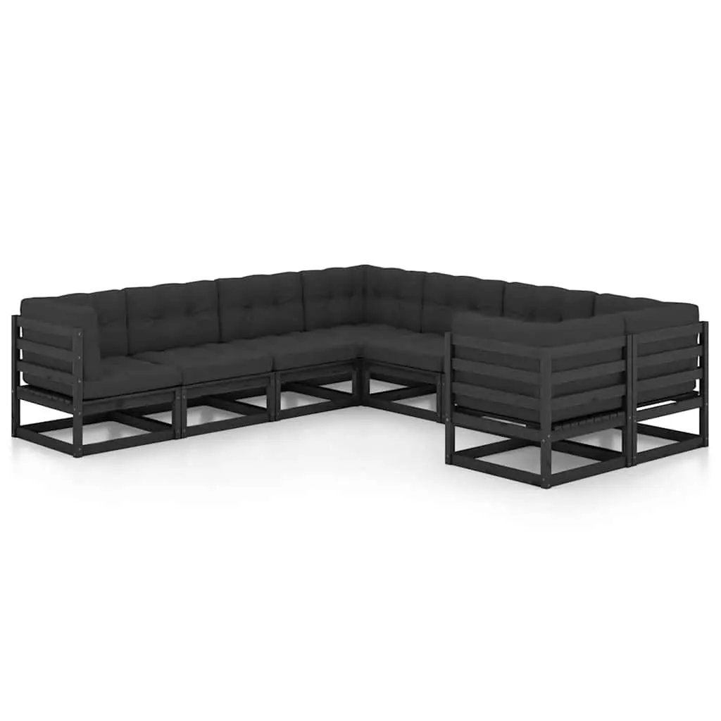 8 Piece Outdoor Lounge Set Black Cushioned Solid Pinewood Furniture for Relaxation