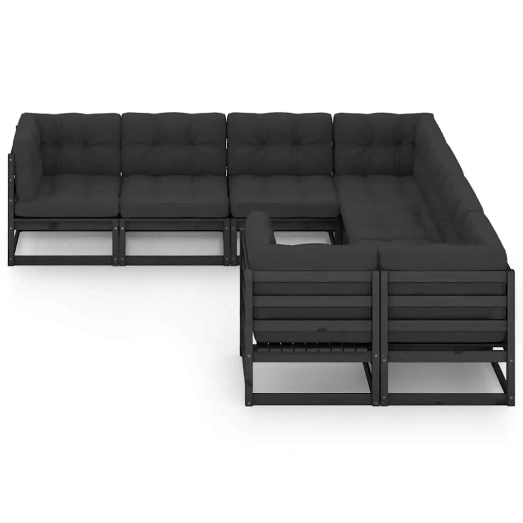 8 Piece Outdoor Lounge Set Black Cushioned Solid Pinewood Furniture for Relaxation