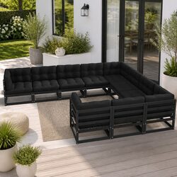 Garden Lounge Set 10 Piece Outdoor Furniture with Cushions Black Pinewood Sofa