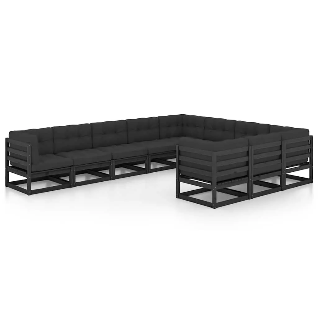 Outdoor Lounge Set 10 Piece Black Cushioned Sofa Solid Pinewood Construction