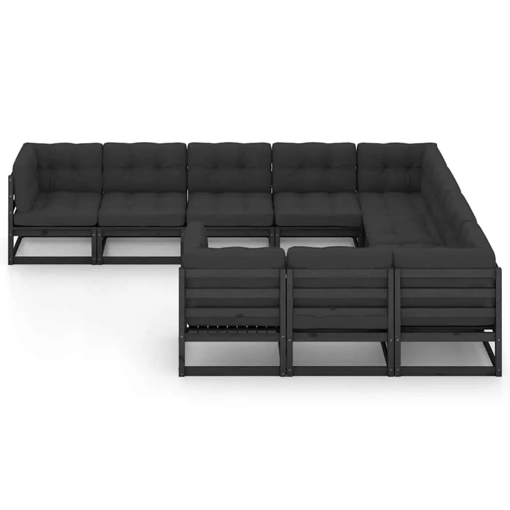 Outdoor Lounge Set 10 Piece Black Cushioned Sofa Solid Pinewood Construction