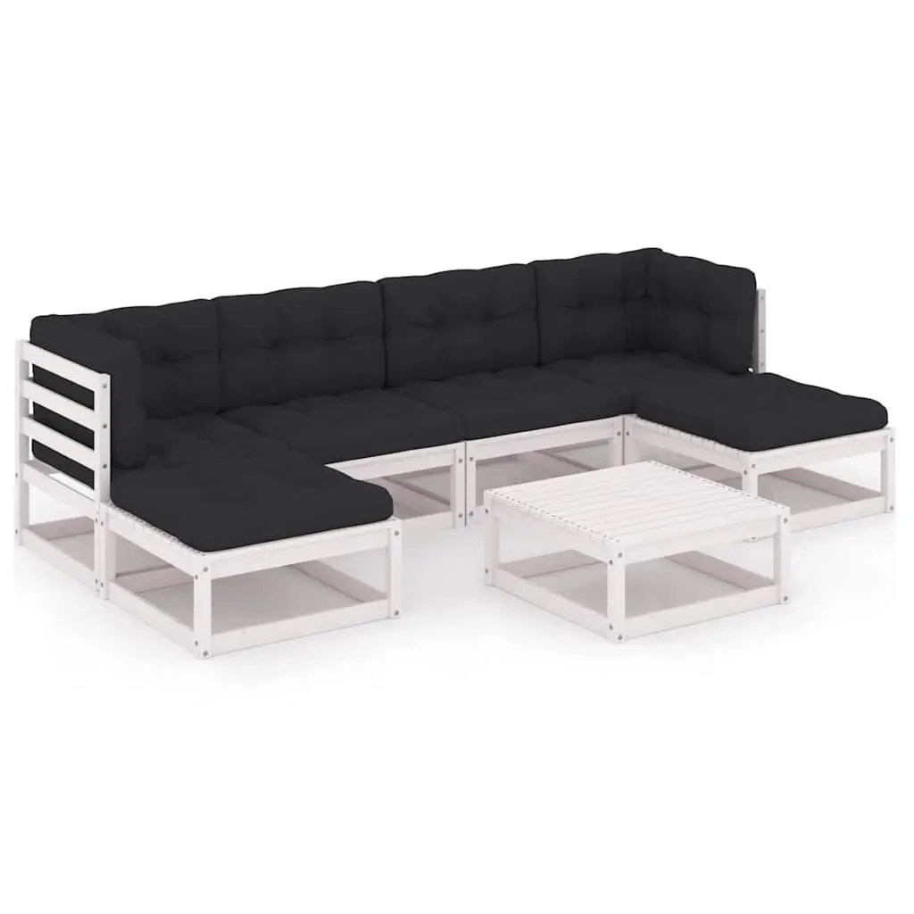 Outdoor Lounge Set White Solid Pinewood with Cushions 7 Piece Garden Furniture