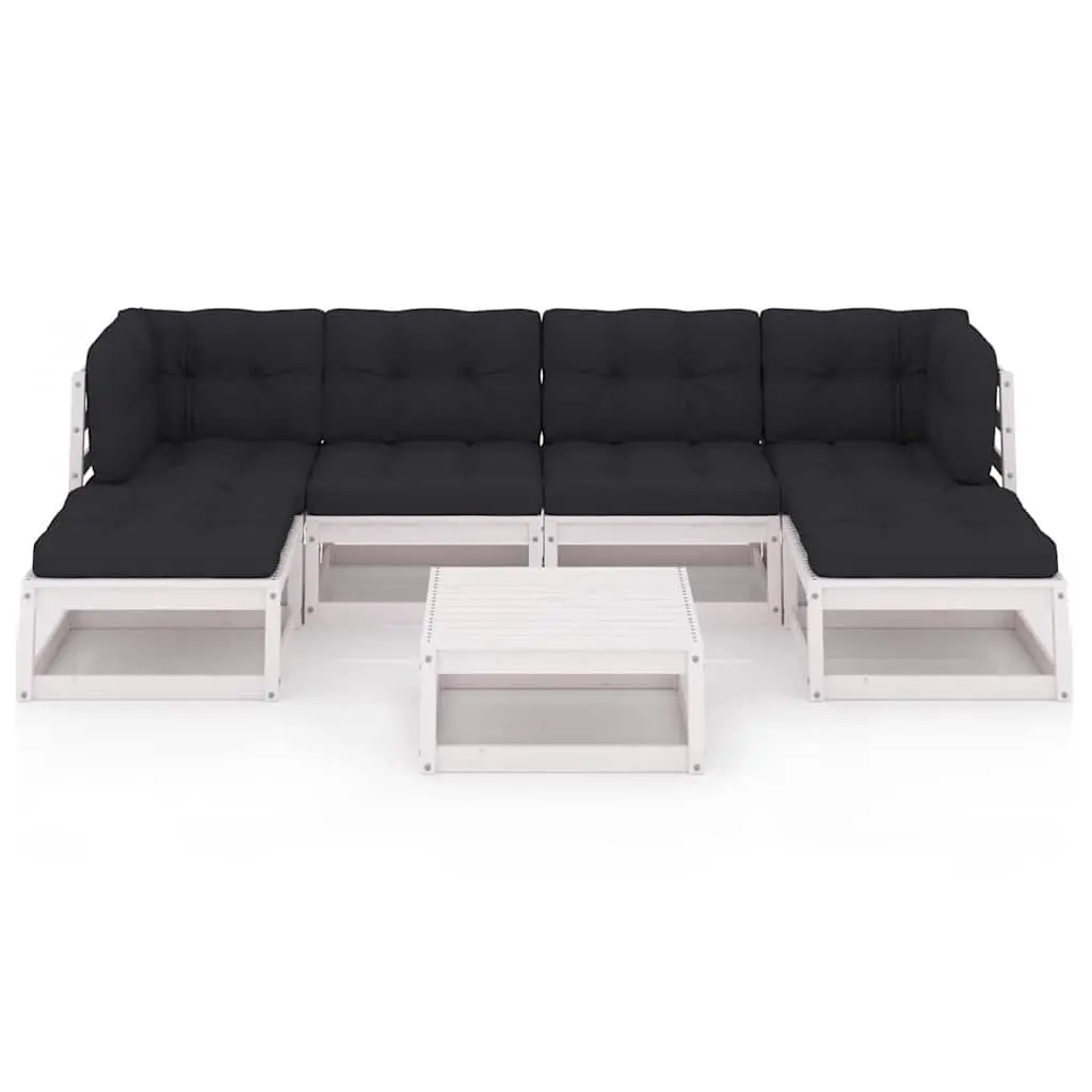 Outdoor Lounge Set White Solid Pinewood with Cushions 7 Piece Garden Furniture