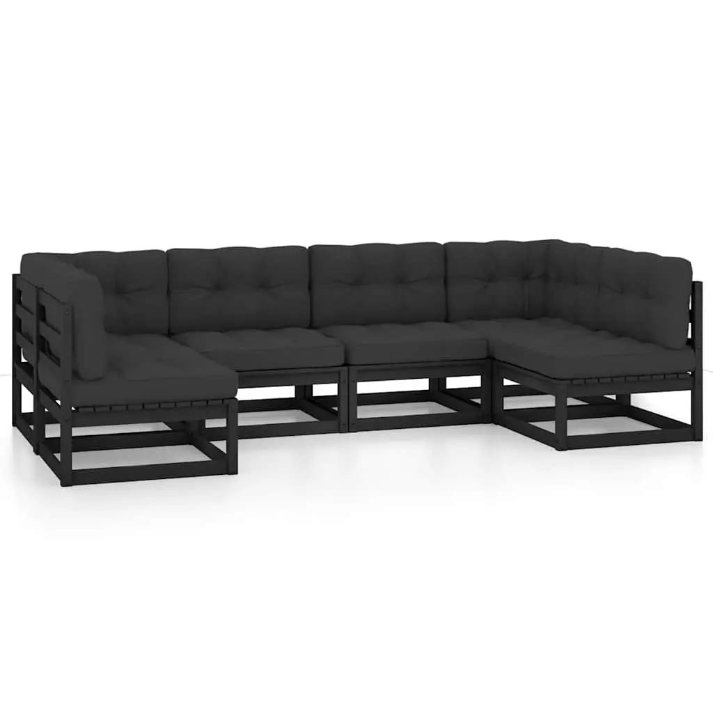 Garden Lounge Set Solid Pinewood 6 Piece Outdoor Furniture Black with Cushions