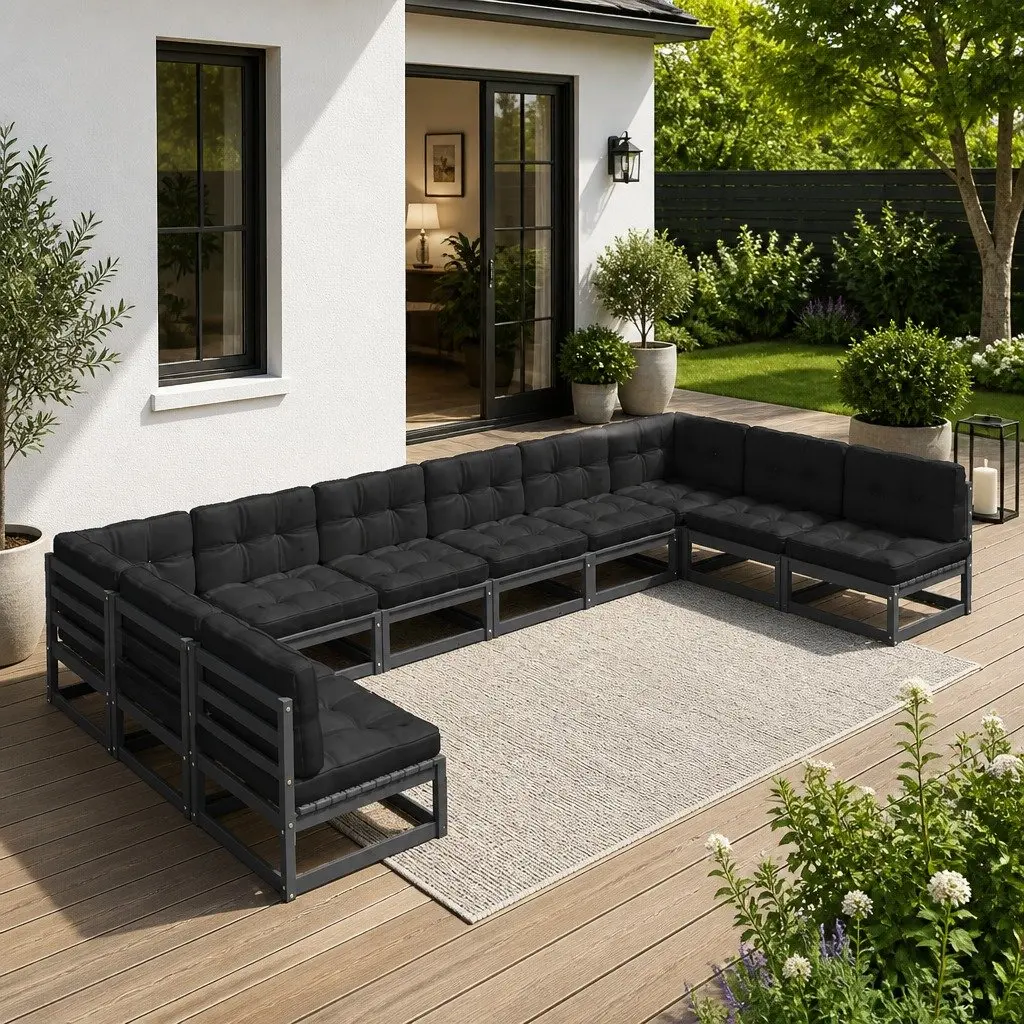 10 Piece Outdoor Furniture Set Black Solid Pinewood Garden Lounge with Cushions