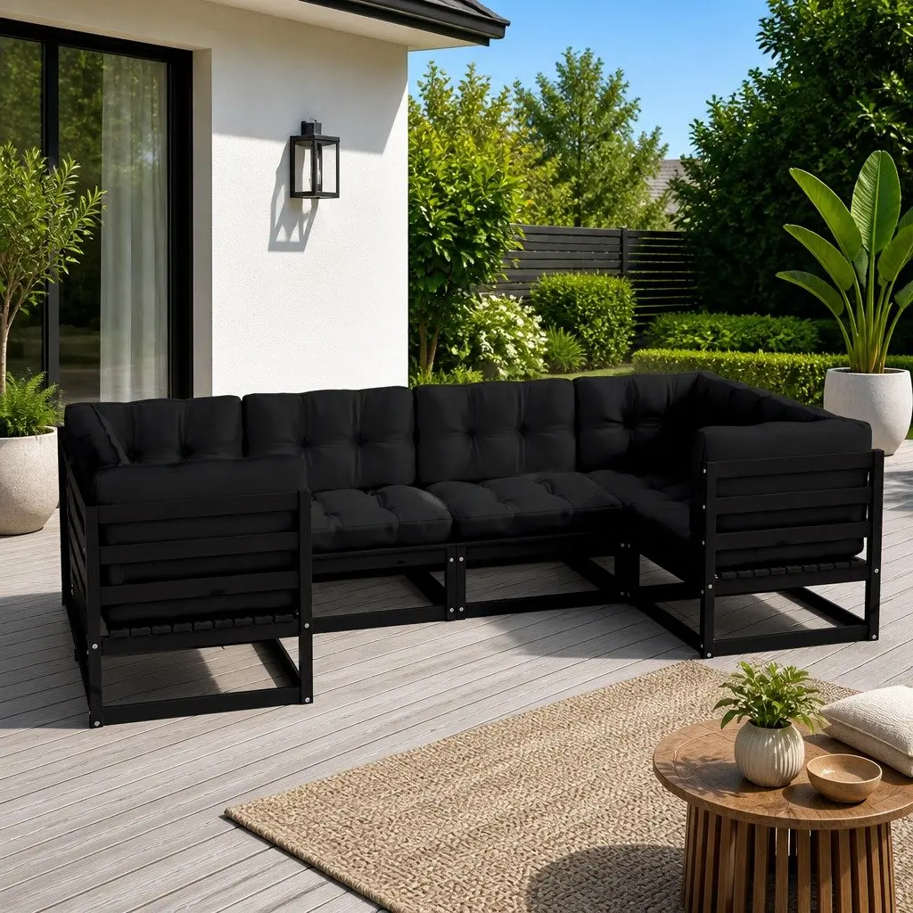 Outdoor Furniture Set 6 Piece Black Cushioned Solid Pinewood Lounge for Relaxation