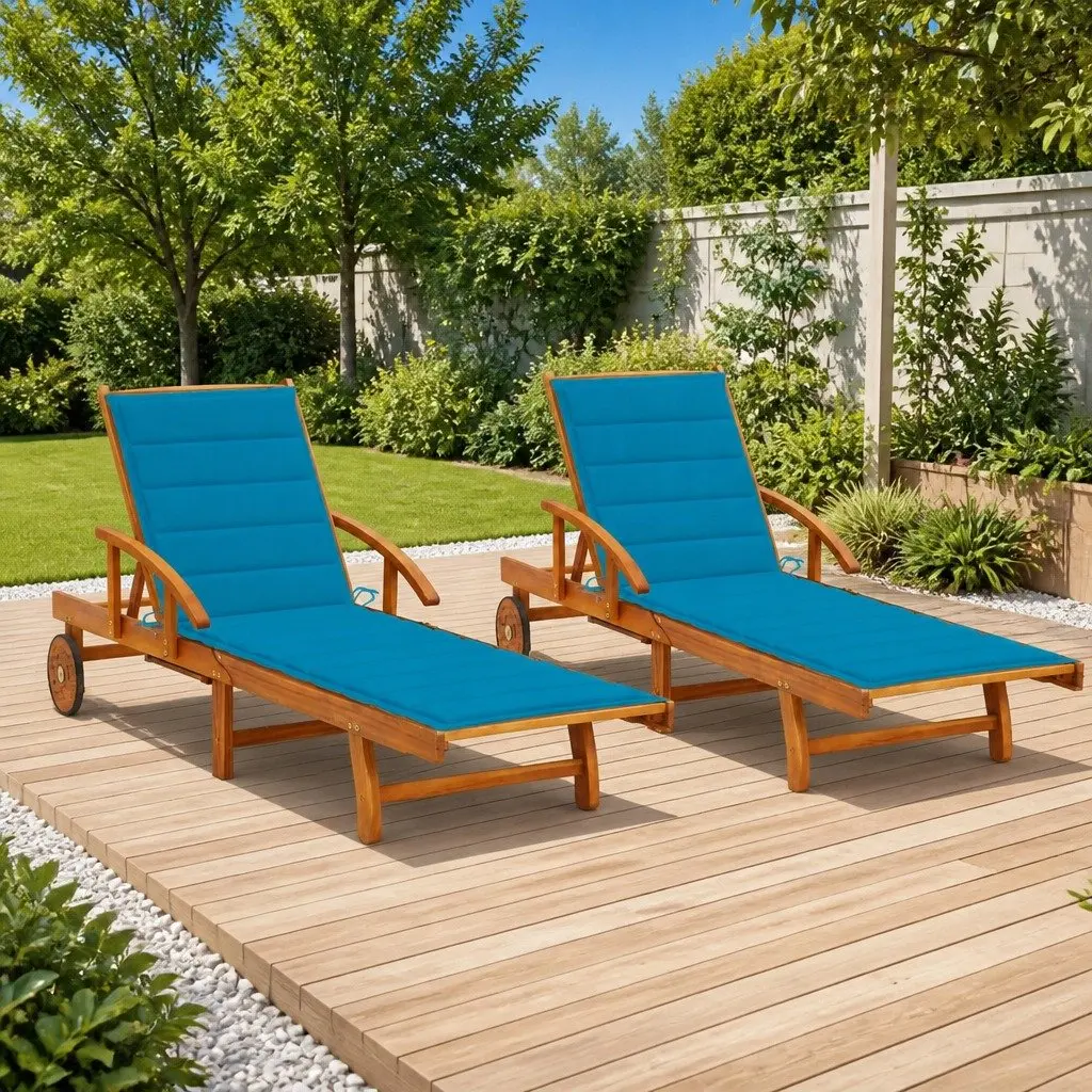 Sun Lounger Solid Acacia Wood Adjustable Foldable 2pc Set with Cushions Blue