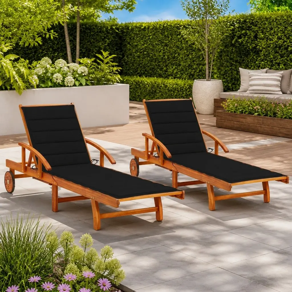 Sun Loungers Solid Acacia Wood 2 Piece Outdoor Garden Patio Daybed Recliner Black