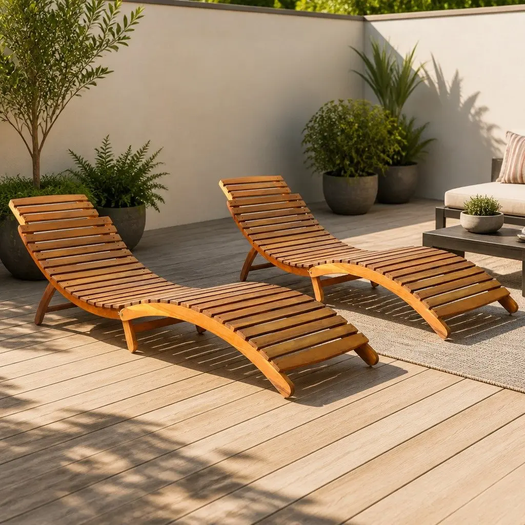 Sun Lounger Set Solid Wood Acacia Folding Brown 2 pcs Outdoor Garden Patio Daybed