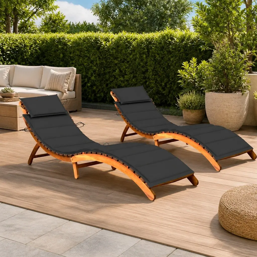 Sun Loungers Wooden Solid Acacia 2 Piece Anthracite Outdoor Deck Chairs with Cushions
