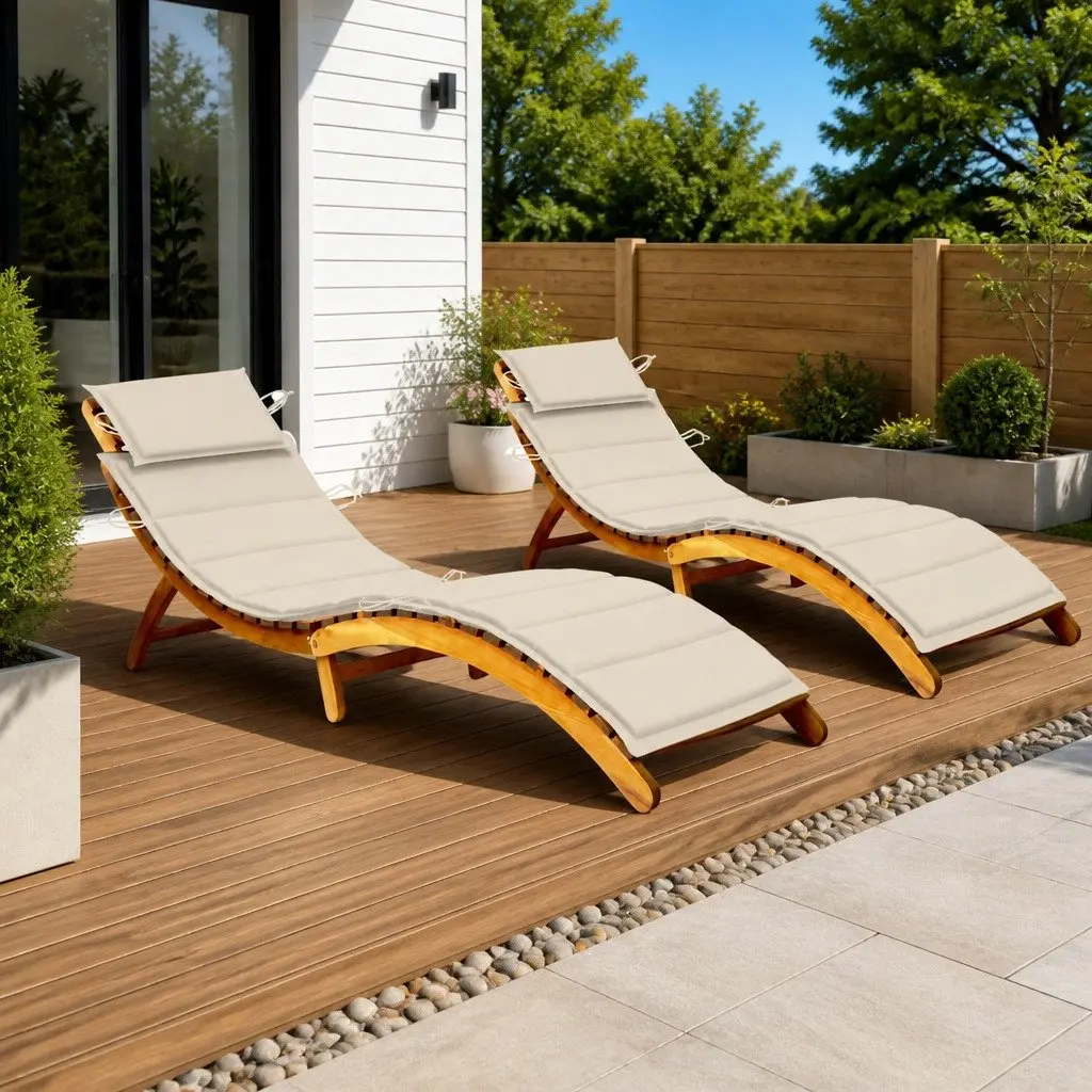 Sun Lounger Set Wooden Foldable 2 Pieces with Cushion Cream