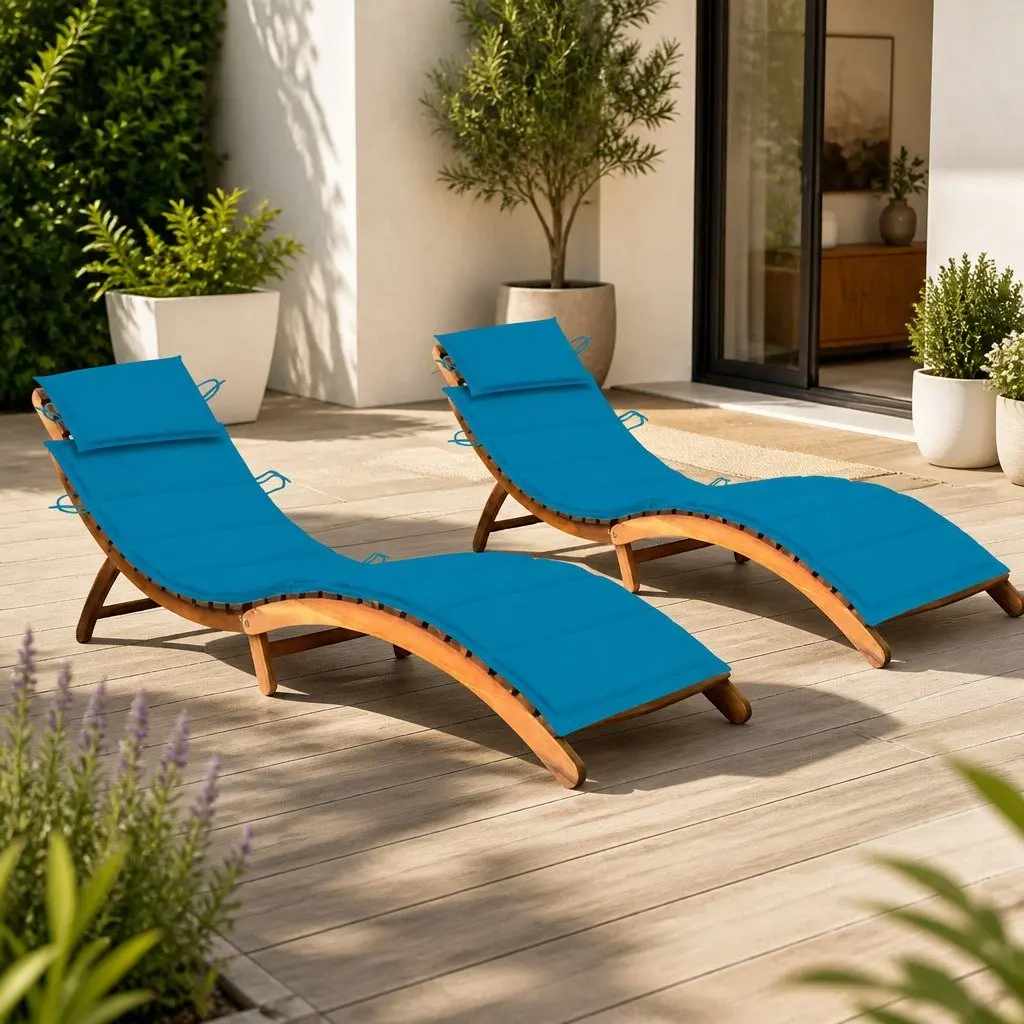 Sun Loungers Solid Acacia Wood Foldable 2 pcs Outdoor Garden Patio Daybed with Cushions Blue