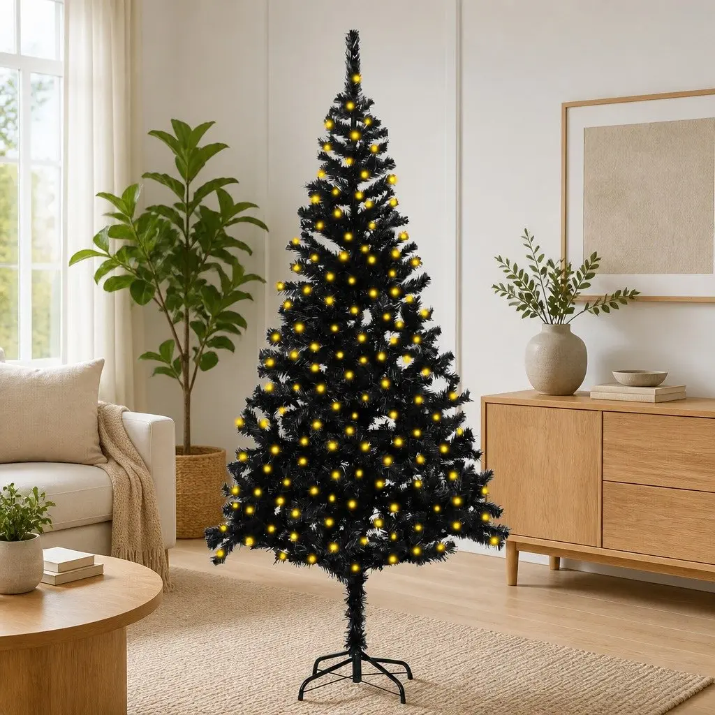 Artificial Christmas Tree Pre-lit PVC 210cm Black with Steel Feet