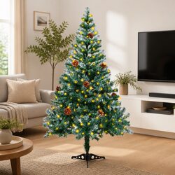 Frosted Artificial Christmas Tree 150cm Pre-lit LED Lights Pinecones Green