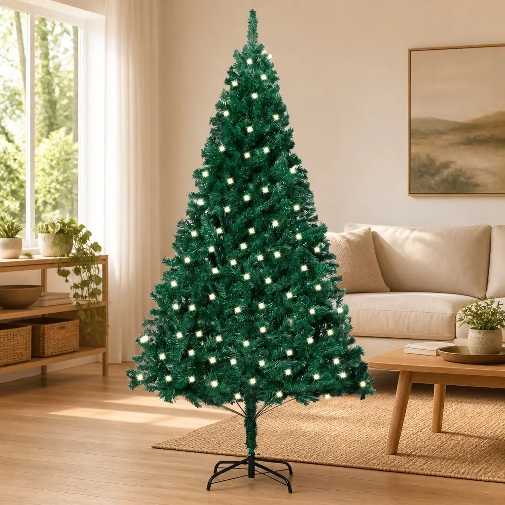 Pre-lit Christmas Tree PVC Material Green 240cm Extra Thick Branches LED Lights