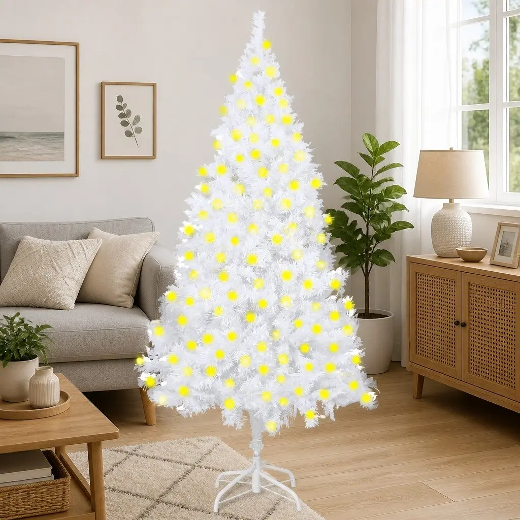 White Artificial Christmas Tree 210cm Pre-lit LED Lights Thick Branches Holiday