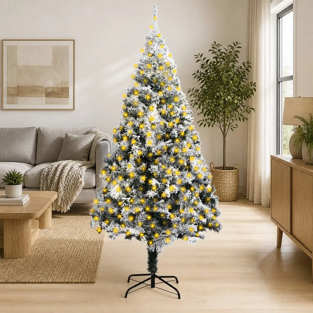 Artificial Christmas Tree Pre-lit LED Lights Flocked Snow Green 300cm