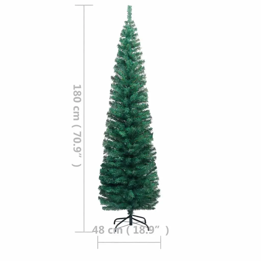 Slim Artificial Christmas Tree PVC 180cm Green Pre-lit with LED Lights