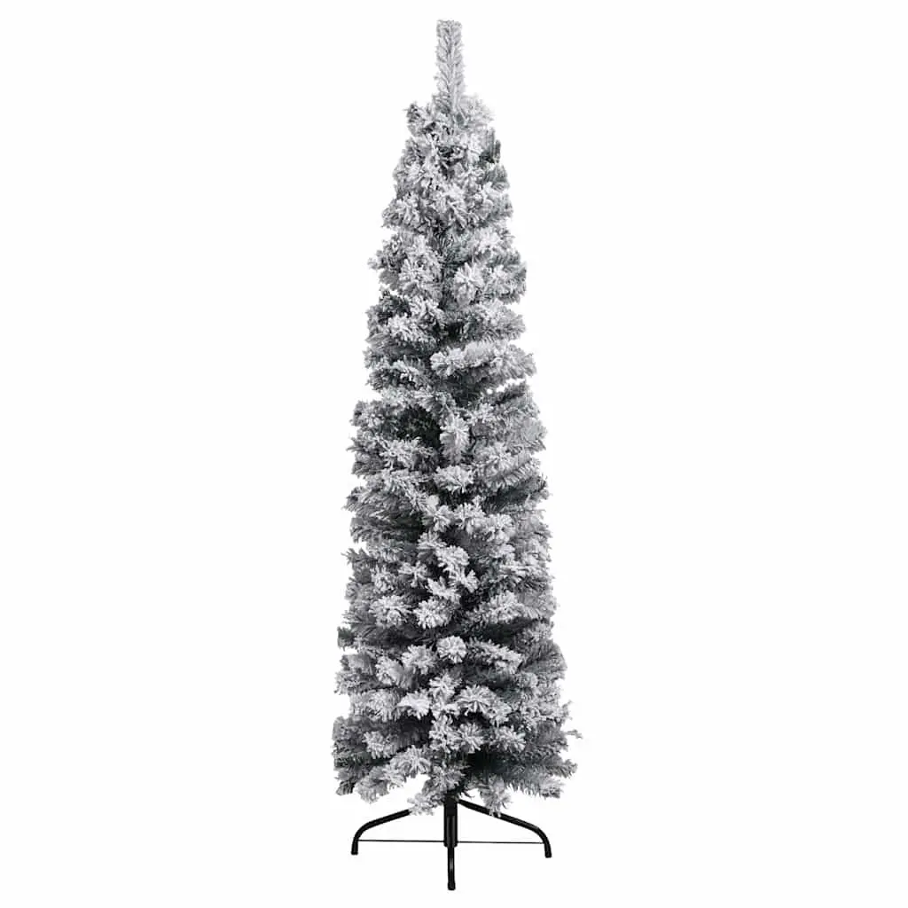 Slim Pre-lit Artificial Christmas Tree Green 150cm Flocked Snow PVC Holiday