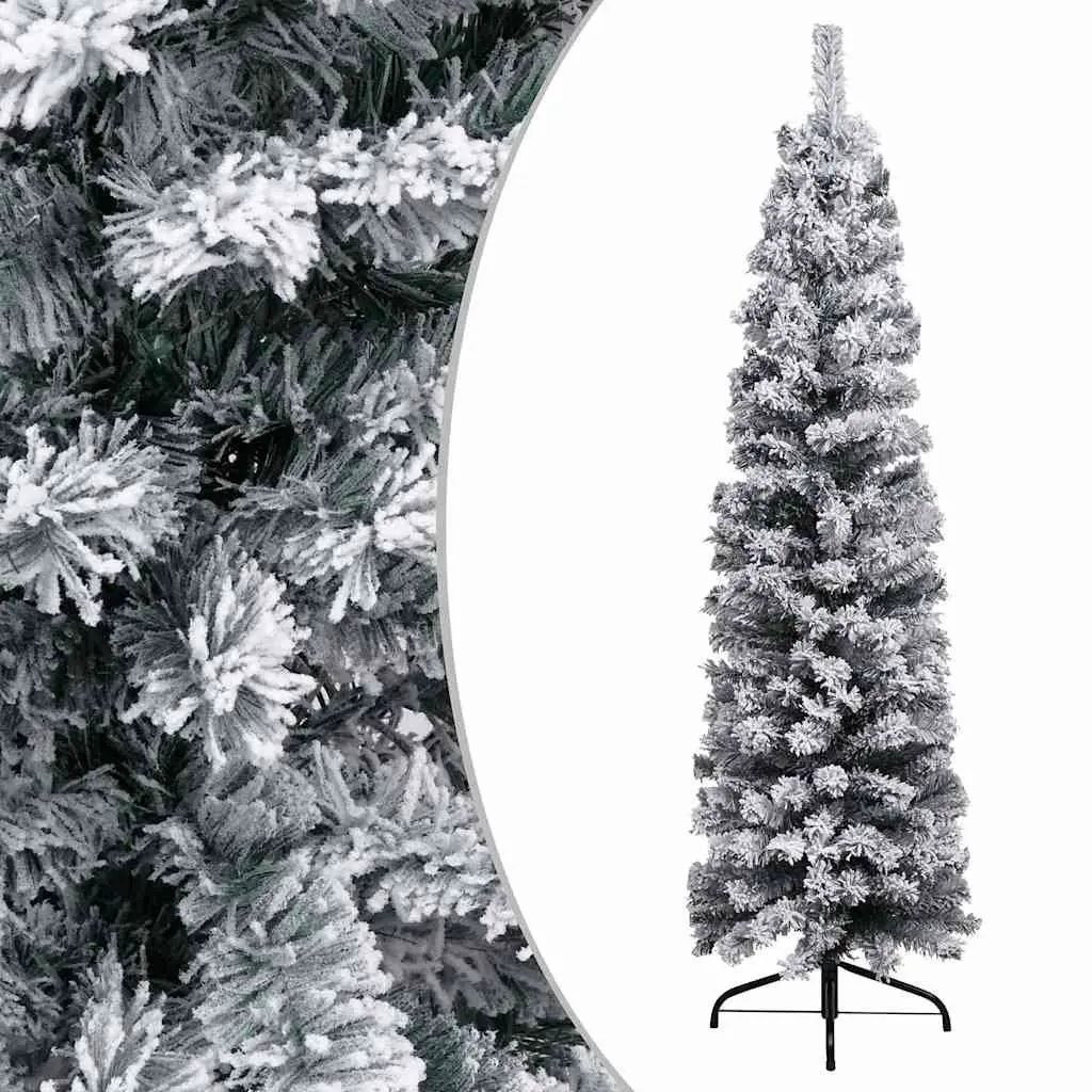 Slim Christmas Tree PVC 210cm Green Flocked Snow Pre-lit LED