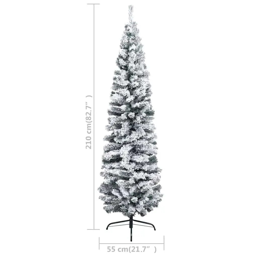 Slim Christmas Tree PVC 210cm Green Flocked Snow Pre-lit LED