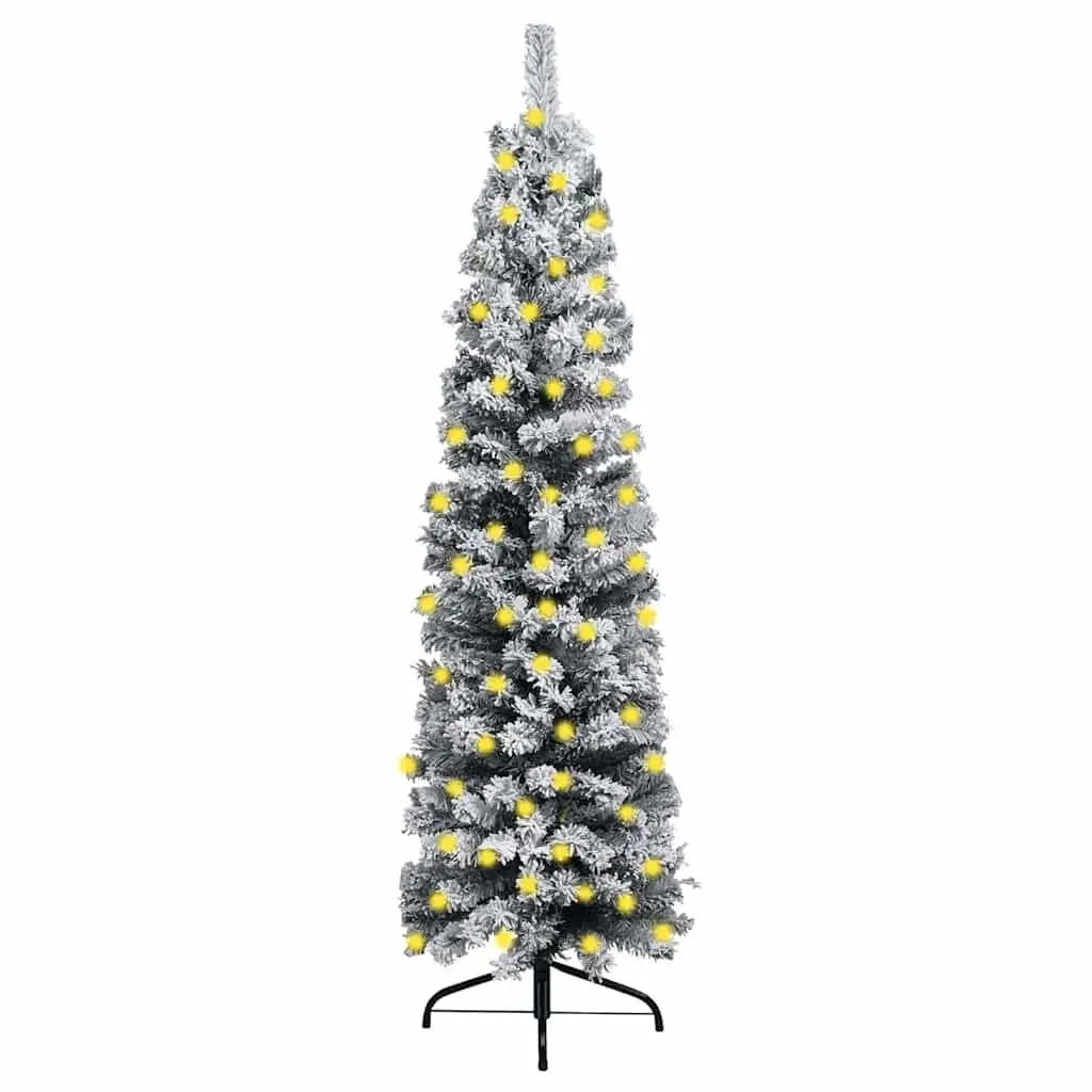 Slim Artificial Christmas Tree Pre-lit LED 240cm Flocked Snow Green Holiday