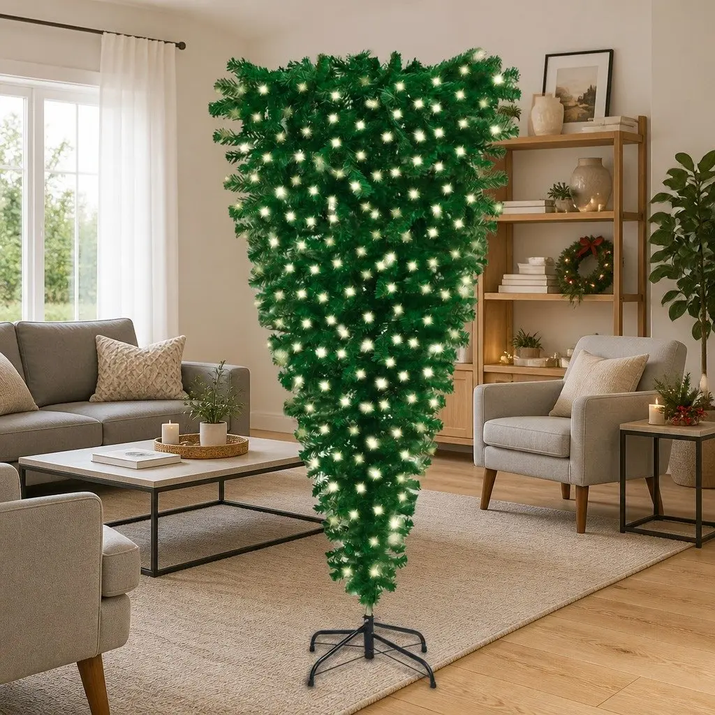 Upside-Down Artificial Christmas Tree PVC 210cm Green Pre-Lit Holiday Decoration