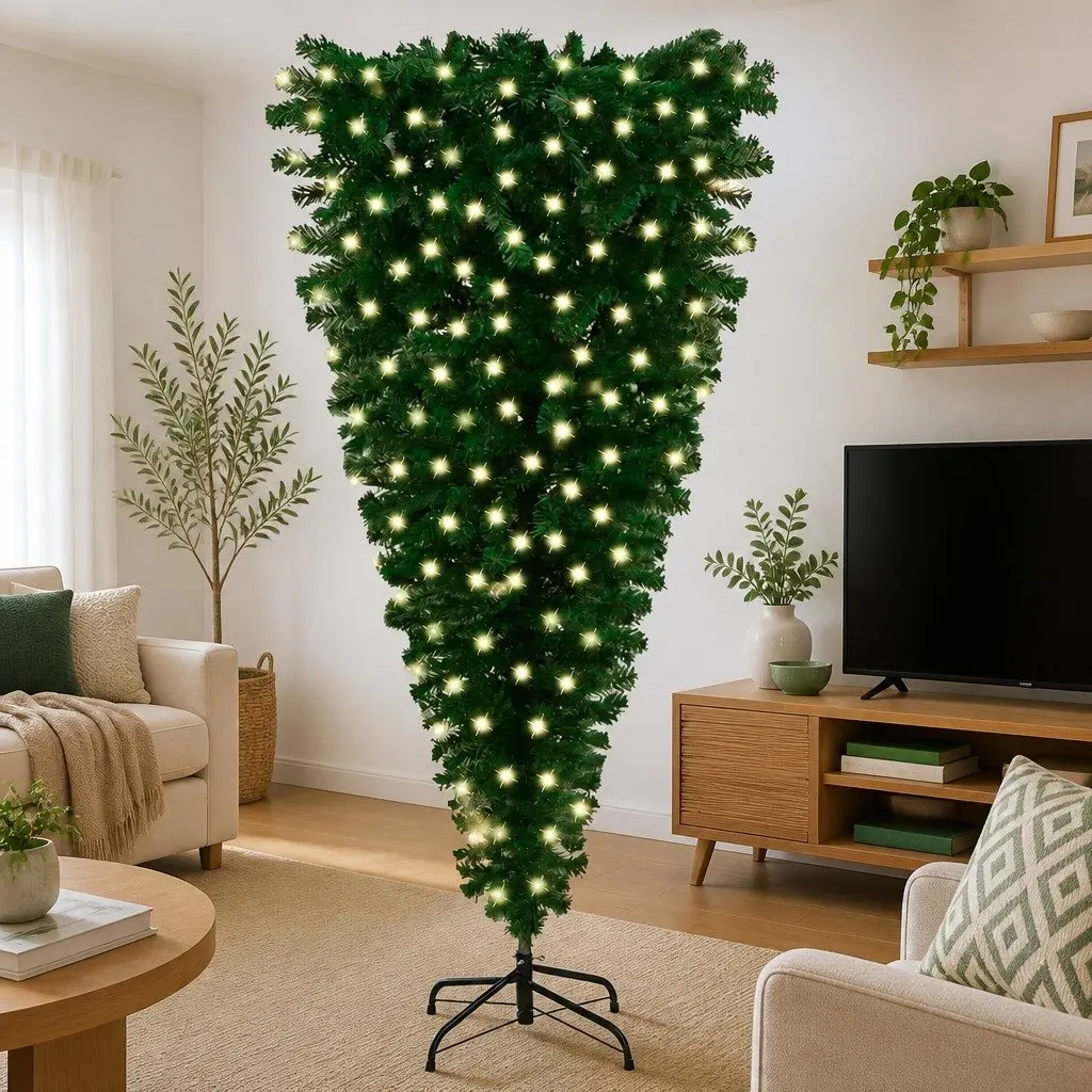 Upside-down Artificial Christmas Tree Green 240cm Pre-lit LED Holiday Decor