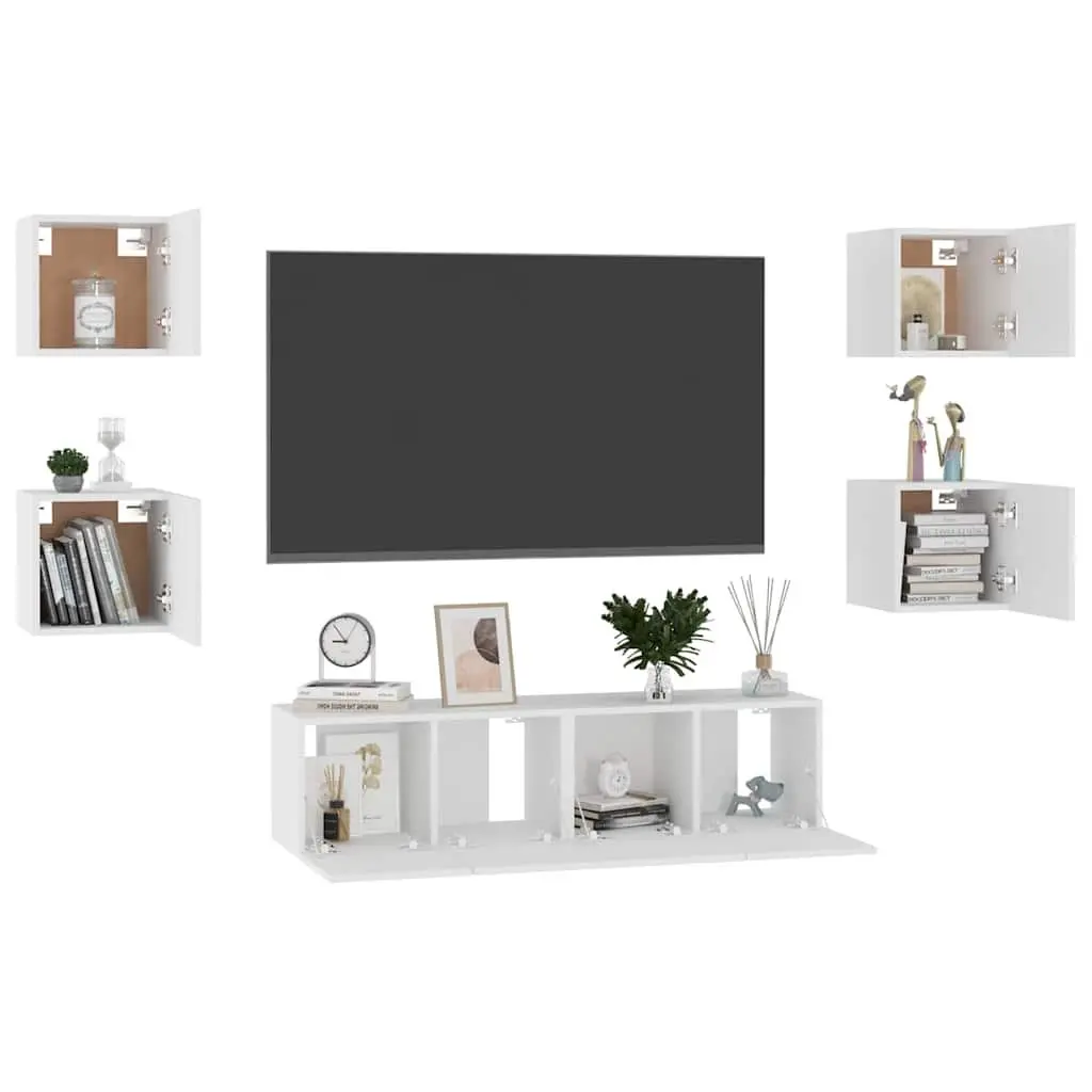 TV Cabinet Set 6 Piece White Wall Mounted Storage Unit Living Room Furniture