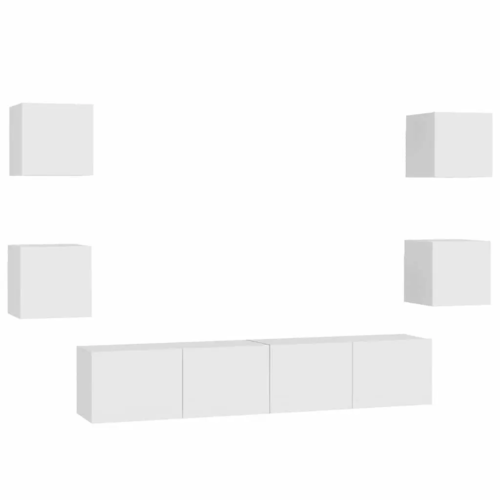 TV Cabinet Set Engineered Wood 6 Piece Wall Mounted Storage Unit White