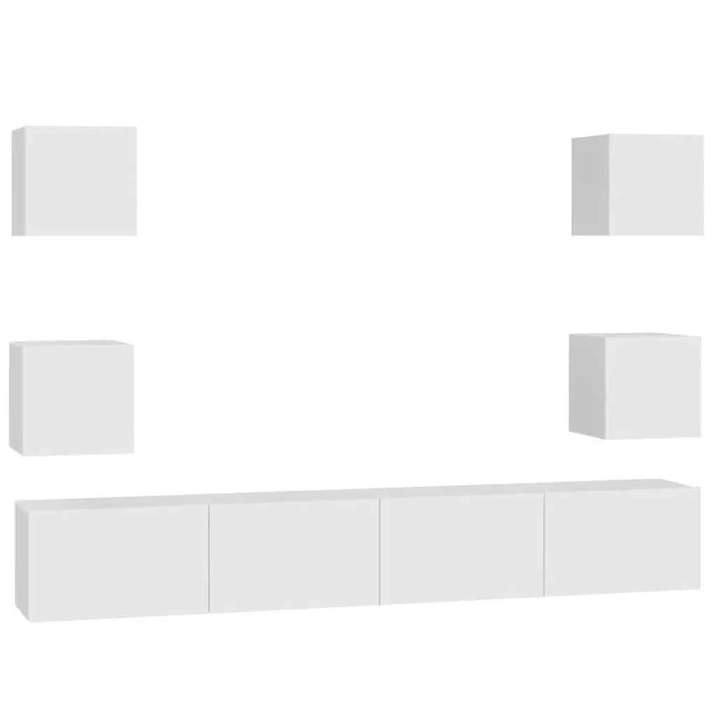 Wall-Mounted TV Cabinet Set 6 Piece White Storage Shelves Living Room Furniture